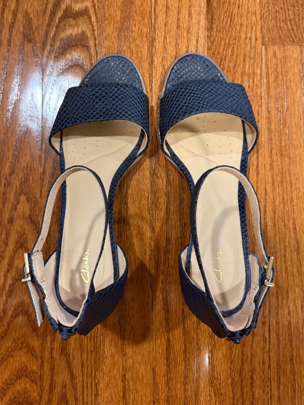 Clarks Navy Textured Open-Toe Heels